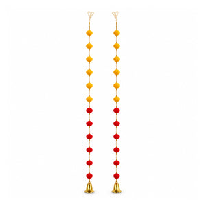 Yellow and red pom pom door hanging pair, 38 inch on white background
