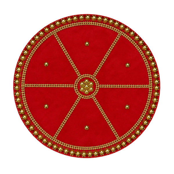 Red and gold Pooja Thali Design 6, one piece, centred on white background