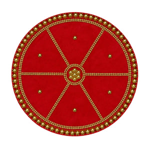 Red and gold Pooja Thali Design 6, one piece, centred on white background