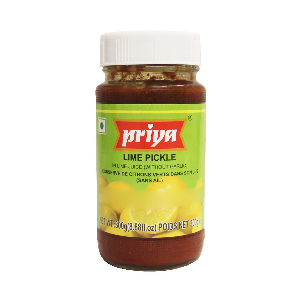 Priya Lime Pickle Without Garlic 300g jar on white background