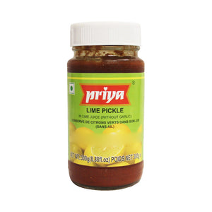 Priya Lime Pickle Without Garlic 300g jar on white background