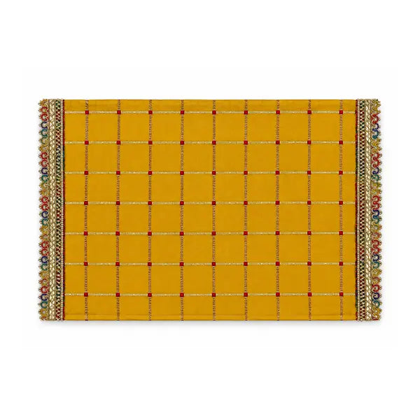 Yellow Puja Aasan Cloth 18 by 24 inch with gold grid and ornate border on white background