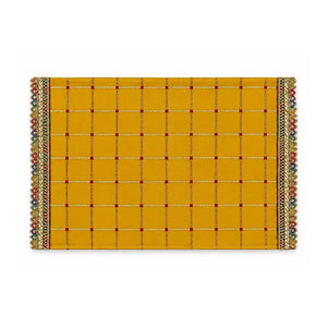 Yellow Puja Aasan Cloth 18 by 24 inch with gold grid and ornate border on white background
