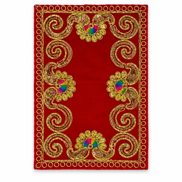 Red embroidered Puja Aasan 6 by 9 inch with ornate gold floral border on white background