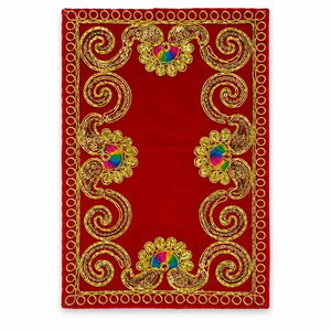 Red embroidered Puja Aasan 6 by 9 inch with ornate gold floral border on white background