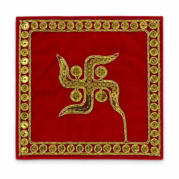 Red Puja Aasan Small 5 by 5 inch with gold embroidered swastika on white background