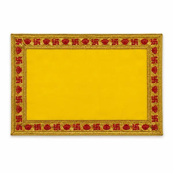Yellow Puja Aasan Small 13 by 9 inch with gold auspicious border on white background