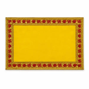 Yellow Puja Aasan Small 13 by 9 inch with gold auspicious border on white background