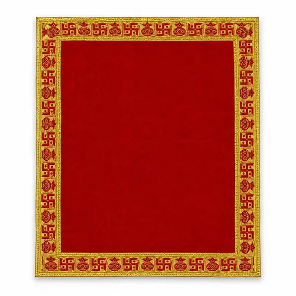 Red velvet Puja Aasan 24 by 29 inch with gold auspicious border on white background