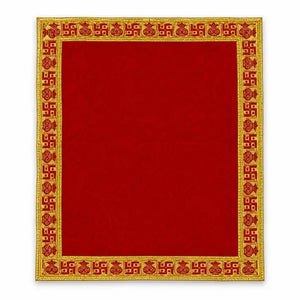 Red velvet Puja Aasan 24 by 29 inch with gold auspicious border on white background