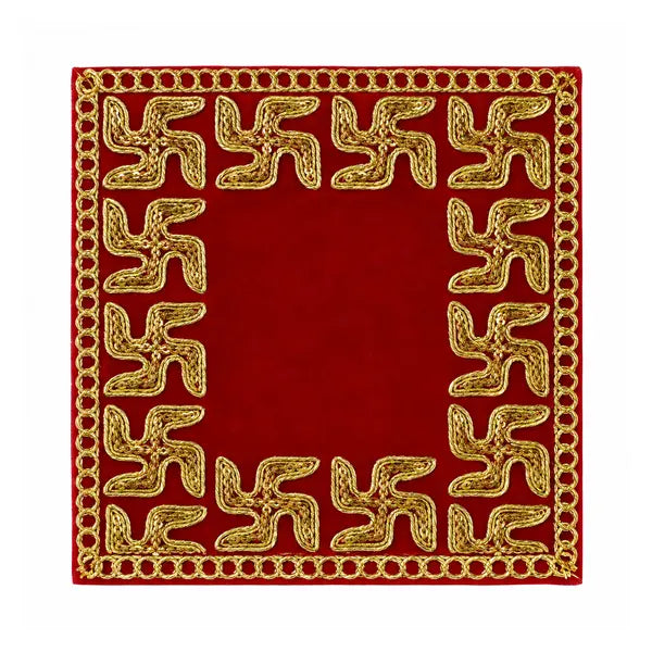 Red velvet puja aasan with gold swastik border, 5 x 5 inch, on white background