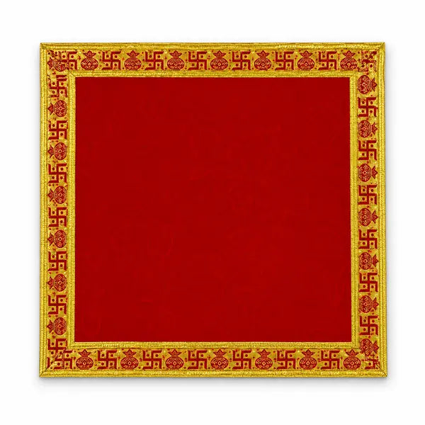 Red velvet Puja Aasan 20 by 20 inch with gold auspicious border on white background
