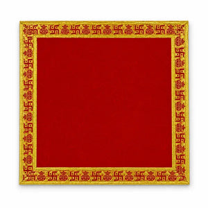 Red velvet Puja Aasan 20 by 20 inch with gold auspicious border on white background