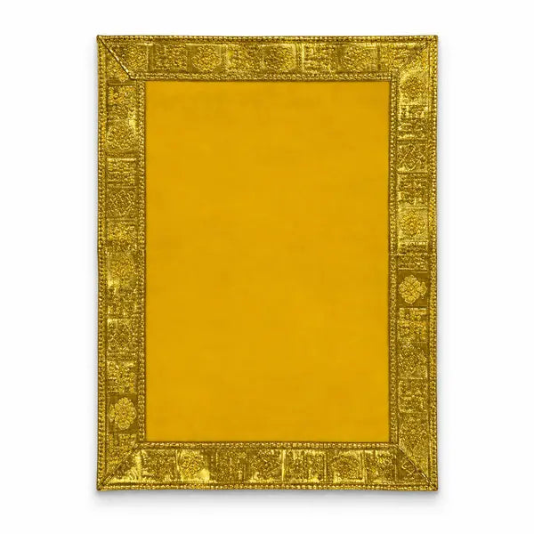 Yellow velvet Puja Aasan 9 by 13 inch with gold border on white background