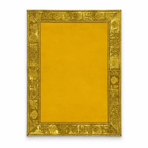 Yellow velvet Puja Aasan 9 by 13 inch with gold border on white background