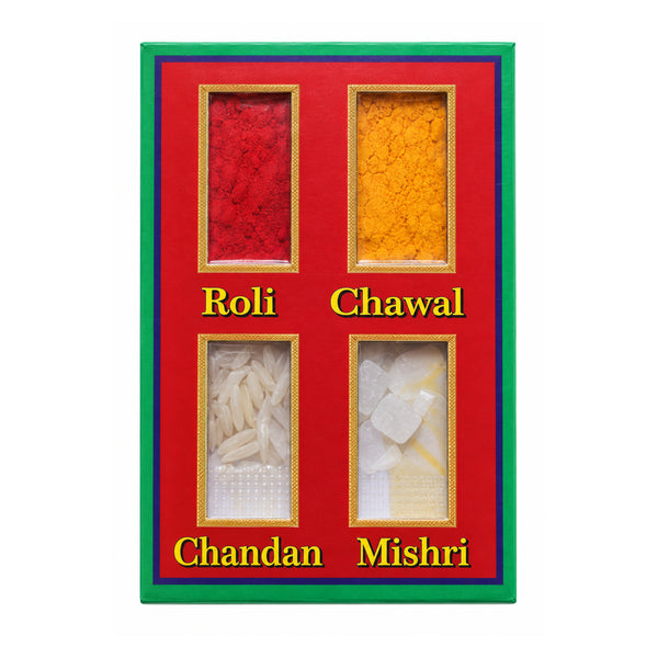 Punya Prasad Tilak Set with roli, chawal, chandan and mishri on white background