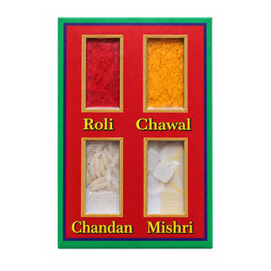 Punya Prasad Tilak Set with roli, chawal, chandan and mishri on white background