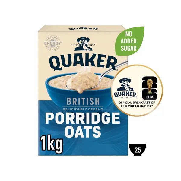 Quaker British porridge oats 1kg wholegrain cereal box