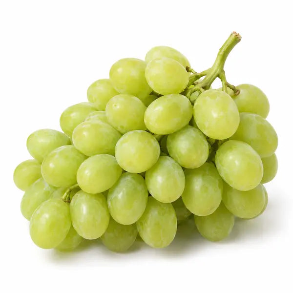 Fresh green seedless grapes on a white background