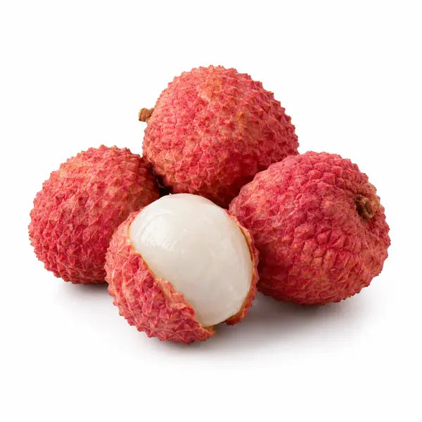 Fresh lychees on a white background