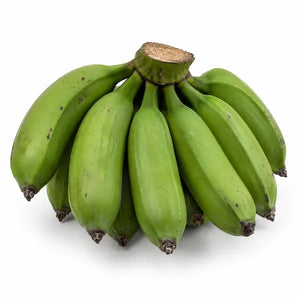 Fresh green matoke cooking bananas on a white background