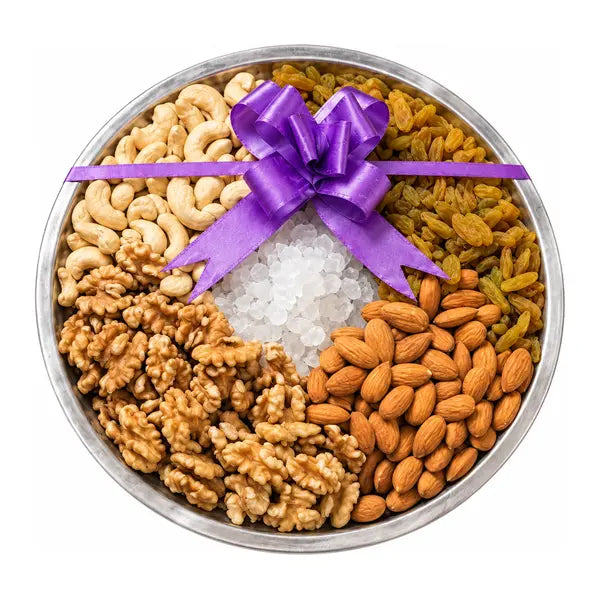 Rakhi dry fruit gift tray with cashews walnuts almonds raisins and mishri