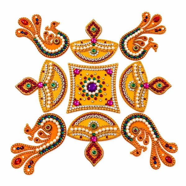Gold kundan-style Rangoli with four peacocks, four diya motifs and a colourful square centre