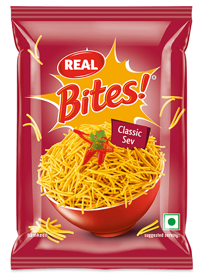 Real Bites Classic Sev in a red snack packet