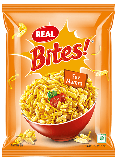 Real Bites Sev Mamra in an orange snack packet