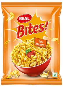 Real Bites Sev Mamra in an orange snack packet