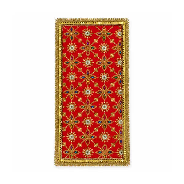 Red Mata Ki Chunni design 1 with gold embroidery on white background