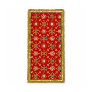 Red Mata Ki Chunni design 1 with gold embroidery on white background