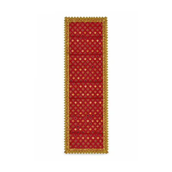 Red Mata Ki Chunni design 3 with gold lattice embroidery on white background