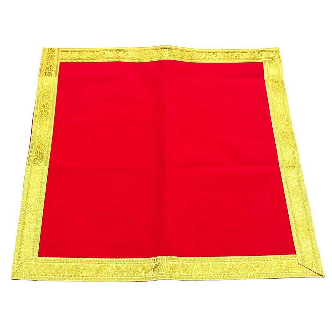 Red velvet pooja cloth with decorative gold border