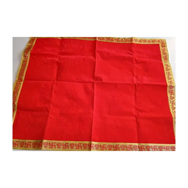 Red velvet pooja cloth with gold Swastik and Kalash design