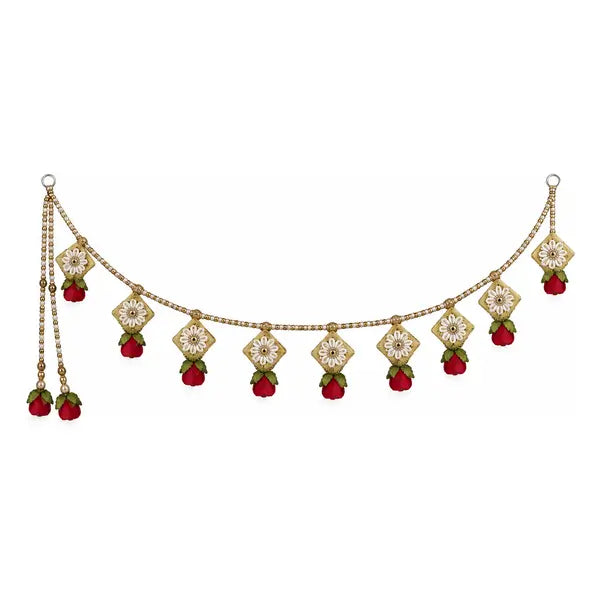 Rose flower toran with evenly aligned red rose buds and gold floral charms