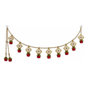 Rose flower toran with evenly aligned red rose buds and gold floral charms