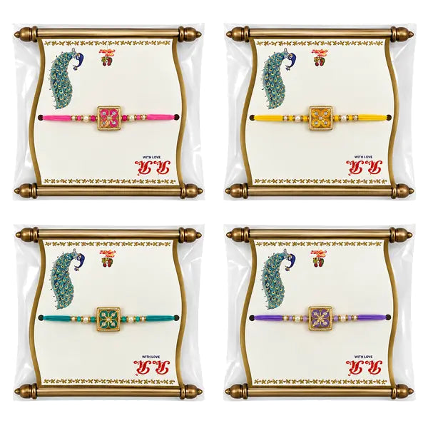Royal Scroll Rakhi colour assortment with four peacock gift cards