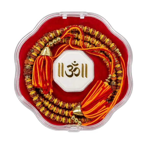 RudraRaksha Rakhi set with Rudraksha beads and sacred Om box
