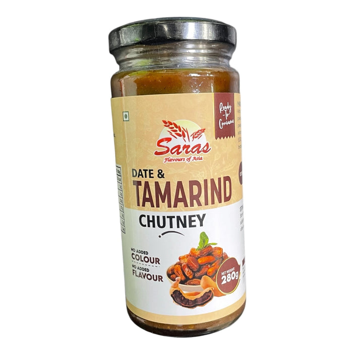 Saras Date & Tamarind Chutney 280g jar on white background