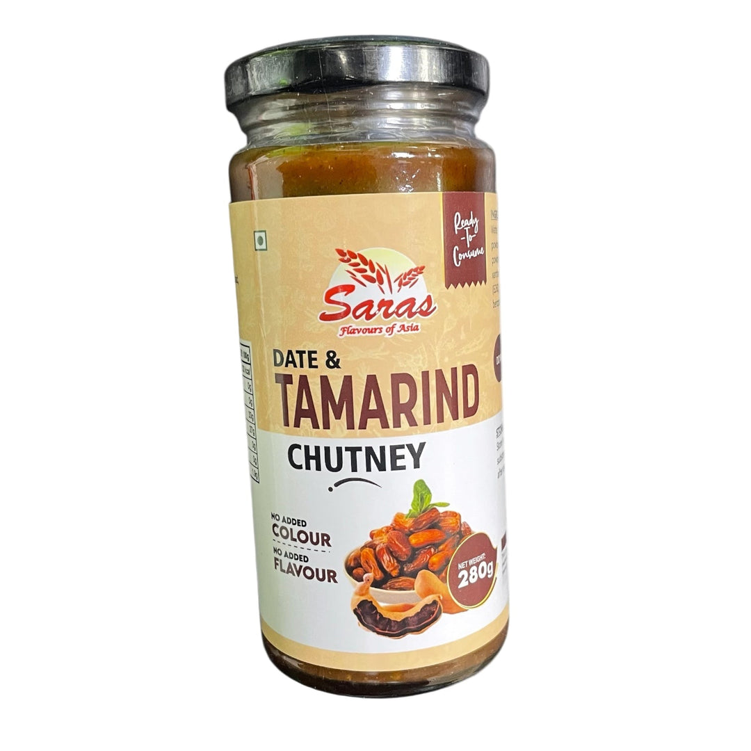 Saras Date & Tamarind Chutney 280g jar on white background