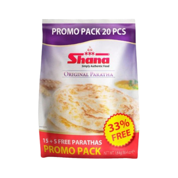 Shana Original Paratha Family Frozen (15 pcs + 5 free) - 1.6kg retail pack on a white background