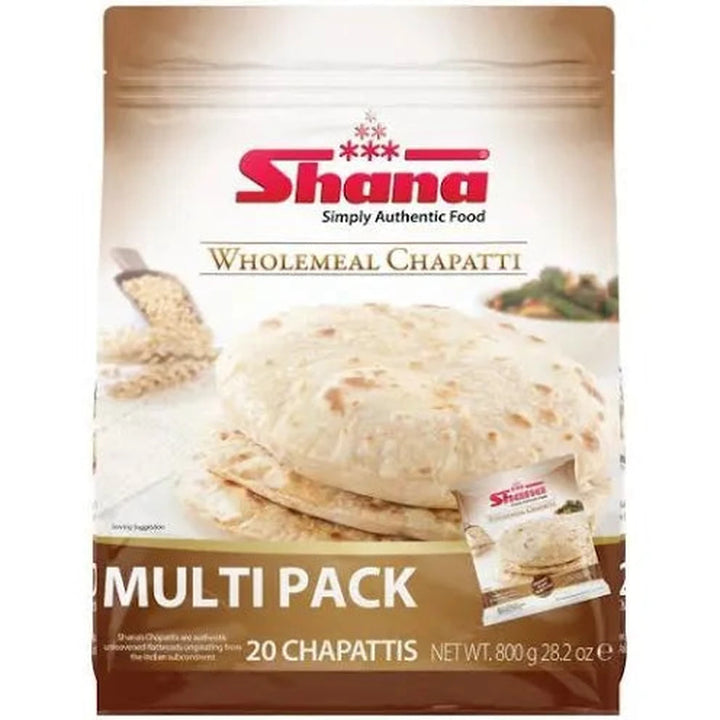 Shana Wholemeal Chapati Frozen (20pcs) - 800g retail pack on a white background