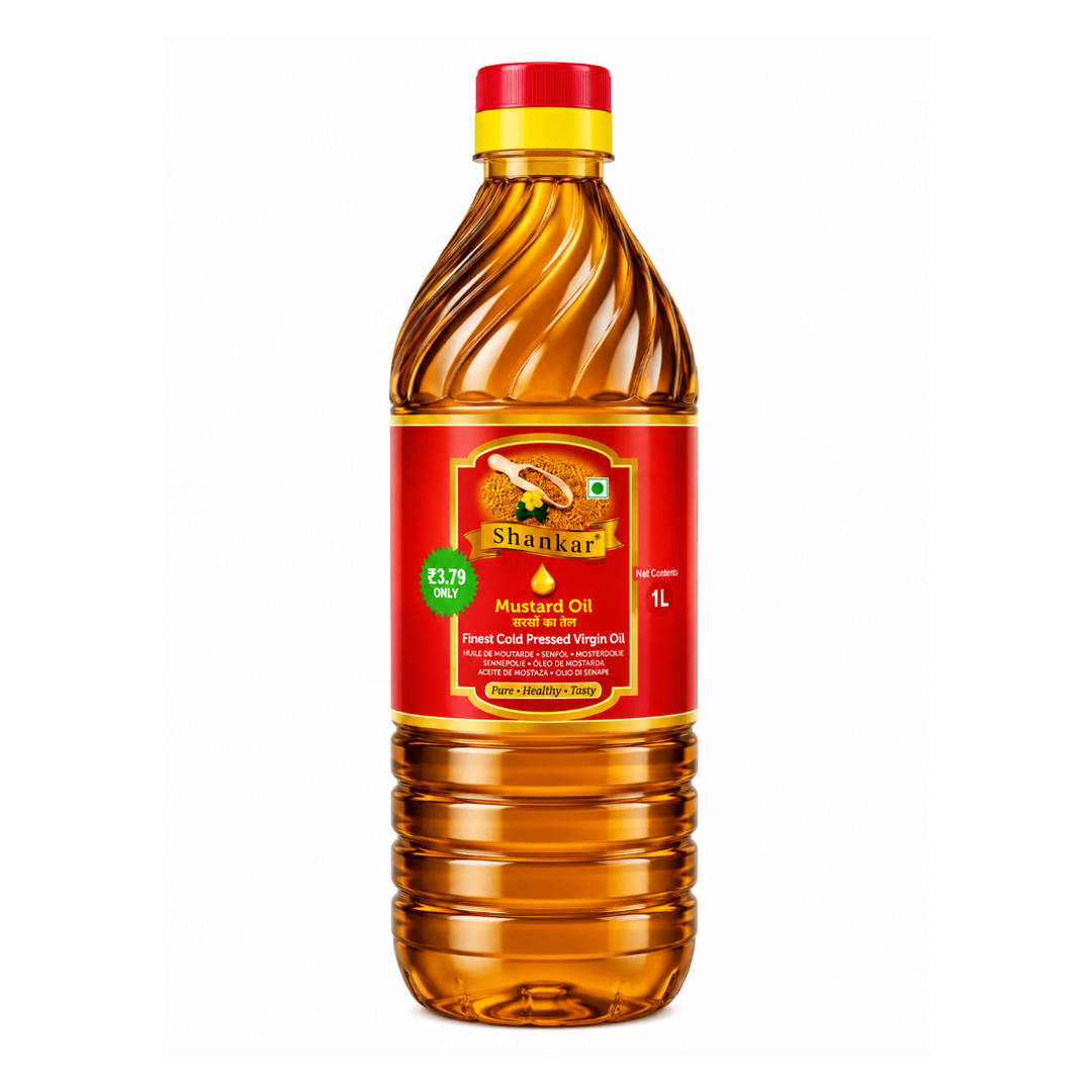 Shankar mustard oil 1L bottle with red cap