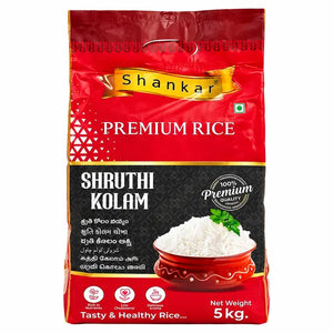Shankar Shruthi Kolam Rice 5kg red bag front on white background