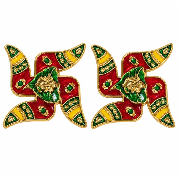 Shri Bala Ji Ganesh Swastik stickers, pack of two, in red, green, yellow and gold-tone on white