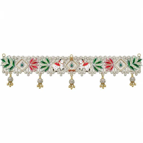Silver-tone Shubh Labh toran with white cows, red and green lotus motifs and hanging bead decorations