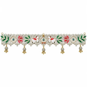 Silver-tone Shubh Labh toran with white cows, red and green lotus motifs and hanging bead decorations