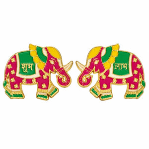 Pink Shubh Labh elephant sticker pair with green saddle cloths, yellow accents and gold-tone detailing