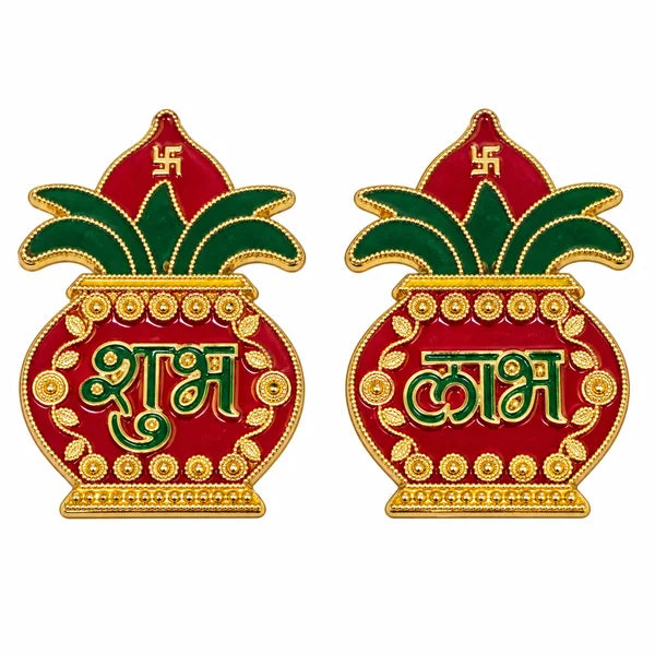 Red and gold Shubh Labh kalash sticker pair with green leaves and traditional auspicious motifs